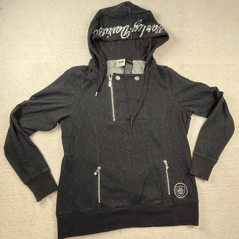 Harley-Davidson Womens XL Black Sparkle Asymmetrical Zip Hoodie Logo Hood Moto